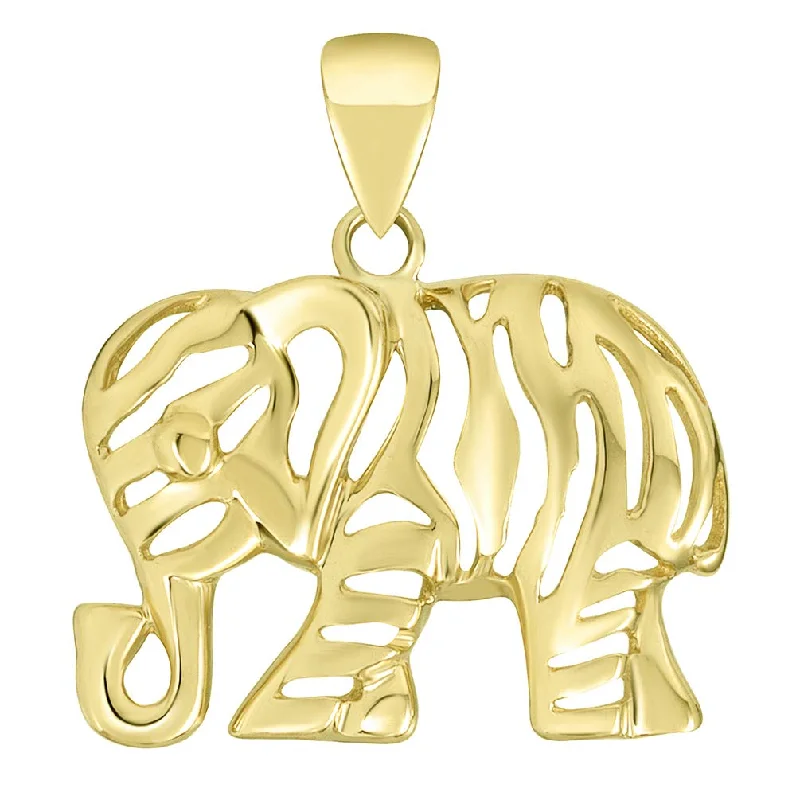 Polished 14K Gold Elegant Elephant Charm Animal Pendant with Figaro Chain Necklace - Yellow Gold