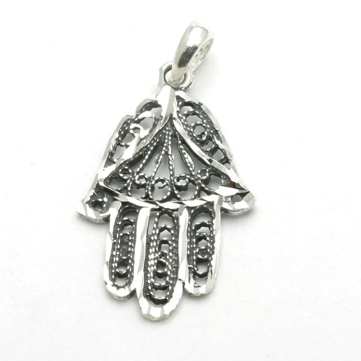 Sterling Silver Hamsa Filigree Pendant Oxidized