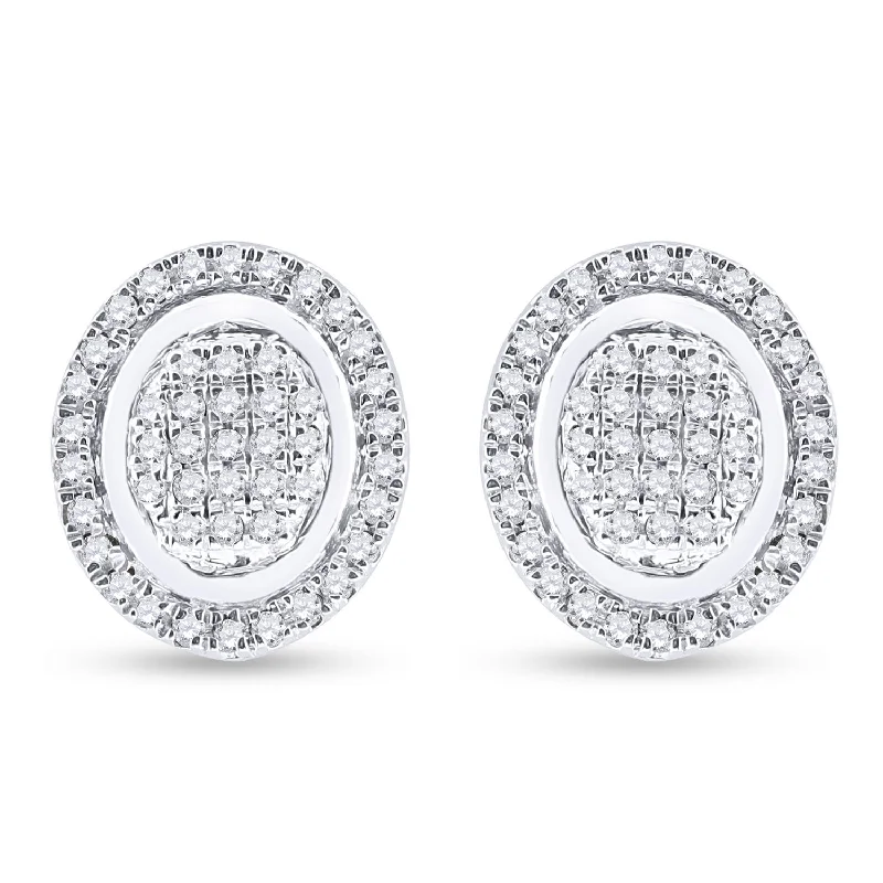 Sterling Silver Round Diamond Oval Earrings 1/4 Cttw